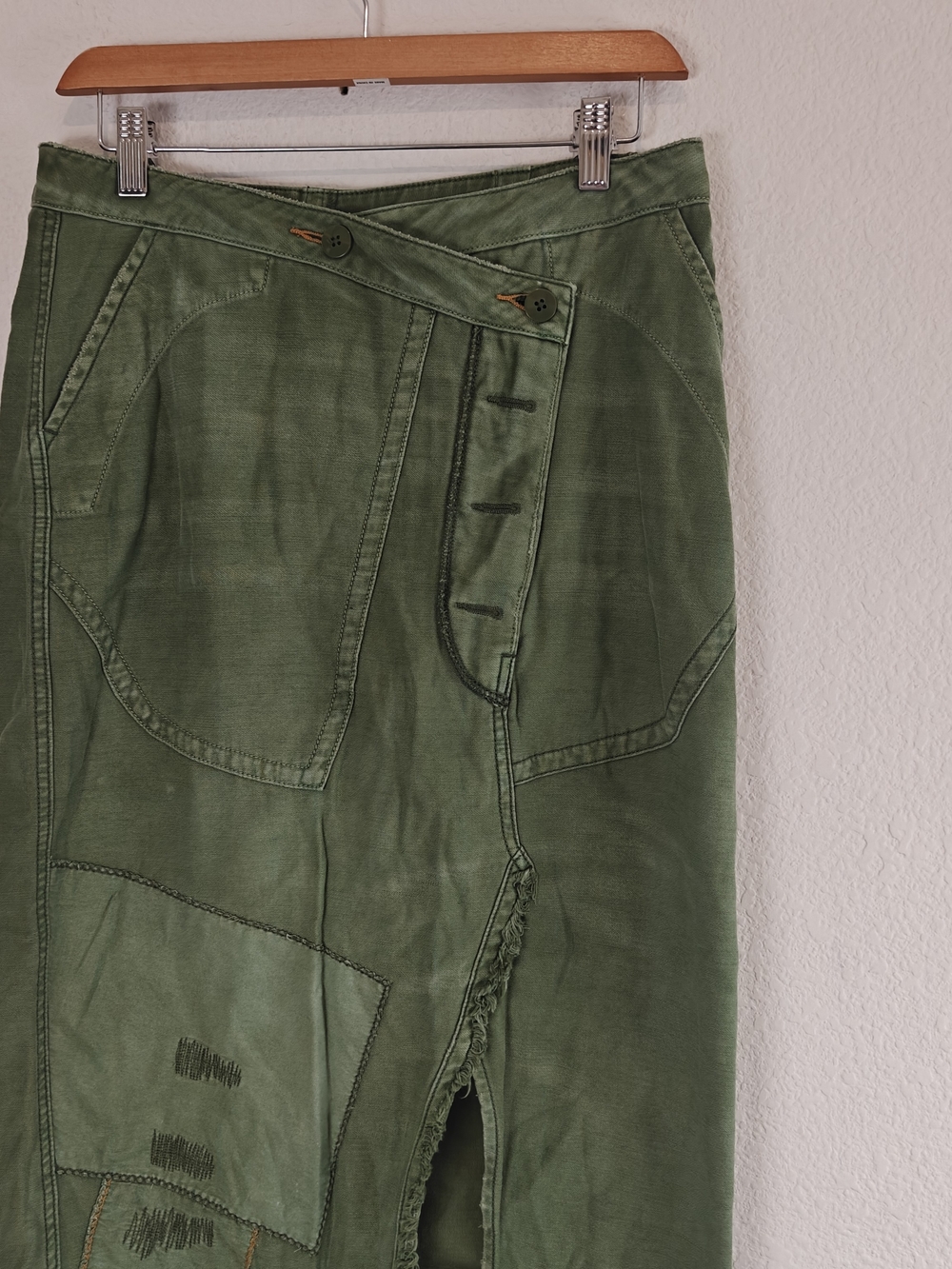 Free People Army Green Utility Wrap Midi Skirt Boho Cargo Patchwork Cotton L - Picture 5 of 11
